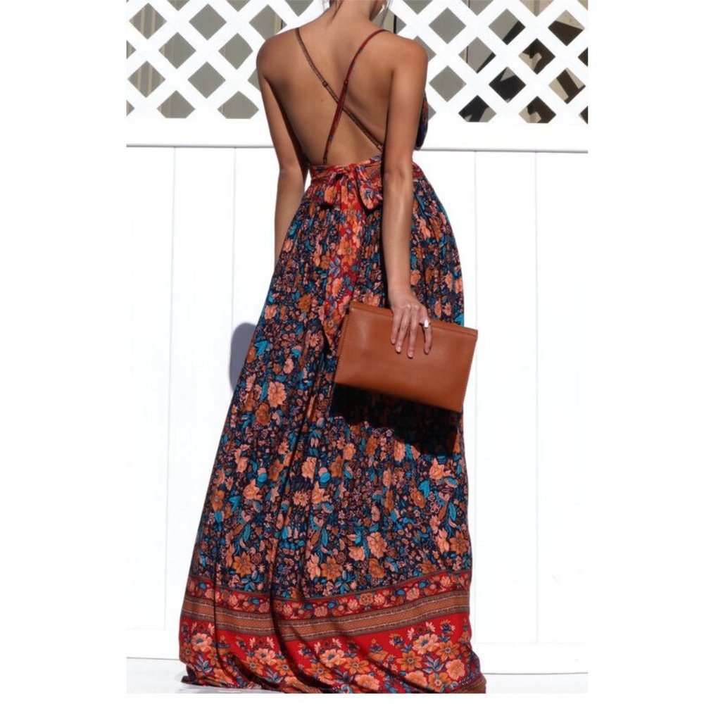 Boho Gypsy Floral Print Open Back Maxi Dress Bohemian Chic Long Dress - Picture 5 of 8